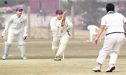 A match in progress during the Inter-Media Cricket Tournament in Chandigarh on Wednesday.
