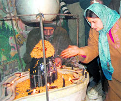For the first time in the past 21 years, Kashmiri Pandits celebrate Basant Panchami in Bhairav temple in Srinagar on Wednesday.