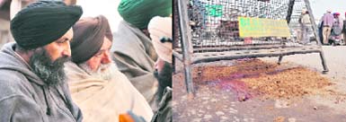 Father of the deceased (left), Hargunjeet, in a state of shock; Blood stains at the site of firing in Jagraon