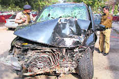 The mangled remains of the Tata Safari which rammed into a tree in Chandigarh late on Wednesday night.