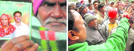 Mehar Singh shows a photograph of his son Krishan, who died on Wednesday; and (right) police officials try to pacify agitators near Sector 20 gurdwara in Chandigarh on Thursday.