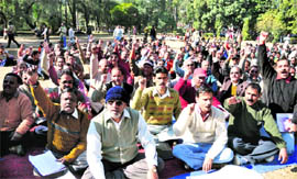 Members of the Uttaranchal Federation of Ministerial Services Association on strike at the Gandhi Park in Dehradun on Thursday