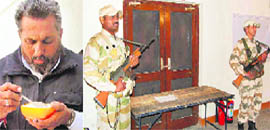 Congress candidate BS Beniwal has soup at his residence; and jawans guard EVMs at Panchayat Bhawan in Sirsa on Thursday.