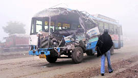 A bus that was involved in an accident due to dense fog near Madhuban in Karnal on Thursday.