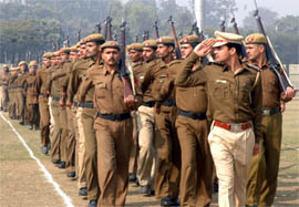 Police personnel rehearse for the Republic Day in Gurgaon on Thursday.