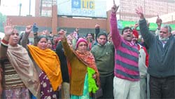 Employees of the Life Insurance Corporation (LIC) hold a protest in front of its office in Jalandhar