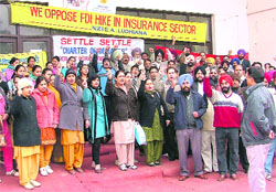 LIC employees hold a protest in support of their demands in Ludhiana on Thursday.