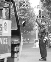A commando regulates traffic in Mohali on Friday.