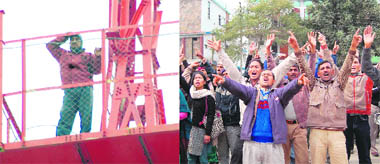 Puran Singh Rana on the Doordarshan relay tower; and (right) ad hoc teachers shout slogans at the base of the tower in Dehradun on Friday.