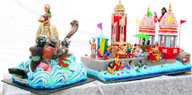 A model of the Uttarakhand tableau depicting the Maha Kumbh to be shown at the Republic Day Parade in New Delhi