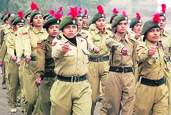 Cadets of the NCC during a rehearsal for the Republic Day celebrations at Government Rajindra College in Bathinda on Friday. 