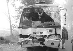 The bus that met with an accident due to dense fog on the Sirhind-Patiala road on Saturday.