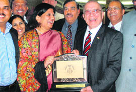 Mayor Anu Chatrath greets George W Peary, Mayor of Abbotsford City, Canada, at the UT guesthouse in Chandigarh on Saturday.