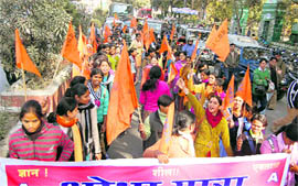 ABVP workers take out a procession on the birth anniversary of Netaji Subhas Chandra Bose in Dehradun on Saturday.
