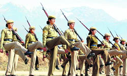 Himachal women police rehearsing for Republic Day at Dharamsala on Saturday