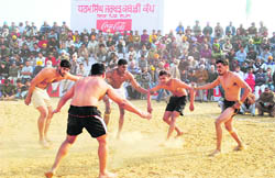 A kabaddi match in progress on the penultimate day of the 24th annual sports festival at Jarkhar village, near Ludhiana,