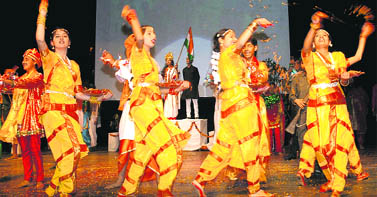 Students participate in a cultural programme on the eve of the Republic Day celebrations, organised by the Education Department, at Tagore Theatre in Chandigarh
