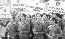 Students of Gyandeep Model High School participate in the oil and gas conservation rally in Chandigarh