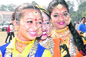 Students all decked up during the final dress rehearsal of a Kumaoni dance for the Republic Day parade in Dehradun