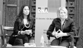 Shobha De with Marie Brenner on the last day of the Jaipur Literature Festival on Monday.