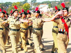 NCC cadets march past on the occasion of Republic Day at Dharamsala. 