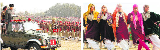 Governor NN Vohra inspects the Republic Day parade at MA Stadium in Jammu on Tuesday; and (right) college girls wearing traditional Kashmiri dresses perform at the Bakshi Stadium in Srinagar