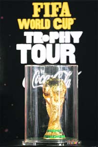The FIFA World Cup trophy on display after its arrival at Kuala Lumpur International Airport