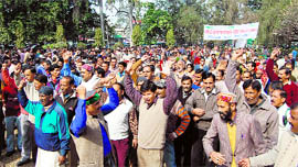 Class IV employees of the state government stage a protest in support of striking ministerial staff in Dehradun on Thursday
