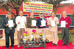 Magsaysay Award winner Arvind Kejriwal (fourth from left) releases a document 'Swaraj--- citizen-centered governance' at Hisar.