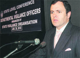 Chief Minister Omar Abdullah speaks at the Ninth State-level District Vigilance Officers Conference in Jammu on Thursday