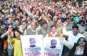 Activists of FEDCUTA protest against the proposed imposition of new regulations and service conditions by the UGC at Jantar Mantar in New Delhi