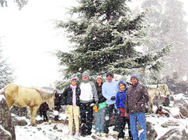 It is a rare picture of falling snow in which tourists are having an experience of a life time at Solang valley, about 13 km from Manali, on Friday.