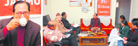 YV Sharma, president of the J&K Chamber of Commerce and Industry, in conversation with The Tribune team and school students in Jammu. 