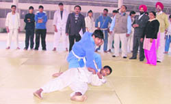Judo aspirants display their skills during trials conducted by the Sports Authority of India Training Centre, Ludhiana