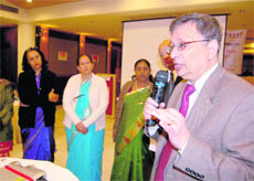 Harsh Bhargava, President, I-Create, addresses the gathering on the concluding day of a workshop on entrepreneurship in Dehradun on Saturday.