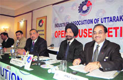 Speakers at an open-house meeting of the Industries Association of Uttarakhand in Dehradun 