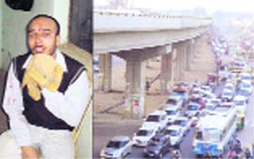 The conductor of the Punjab Roadways bus who was injured; and (right) vehicles move at a snails pace at Zirakpur