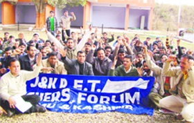 Members of the Rahbr-e-Taleem Teachers Forum hold a demonstration in support of their demands in Jammu on Sunday.