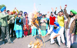 ETT teachers burn the effigy of education minister in Ludhiana on Sunday