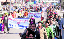 Members of Sikhiya Karmi Adhiyapak Union, Punjab, taking out a rally in support of their demands in Bathinda on Sunday