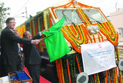  Praveen Kumar, member of Mechanical Indian Railway Board, flags off 4500 HP Diesel Electric Locomotive engine at New Delhi Railway Station on Monday. 