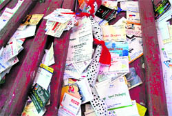 Visiting cards offered by devotees at Baba Gumah Nag Mandir in the hill resort of Patnitop