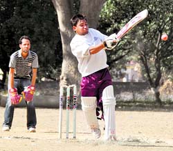 The batsman plays a shot at the SC Goyal Memorial Cricket Tournament in Dehradun on Tuesday