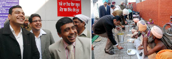 (From Left) SSP Ashish Chaudhary, Deputy Commissioner Rahul Tewari and DIG Dr Jatinder Jain share a laugh after the bhog ceremony of Sri Akhand Path at the Kotwali police station in Bathinda on Wednesday; senior police officials, including the SSP, serving langar (free food) after the bhog ceremony.