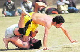 A kabbadi match in progress at the Inter-College Sports Tournament at Punjab University, Chandigarh, on Wednesday. 