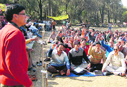Striking ministerial employees hold a dharna in Dehradun on Wednesday.