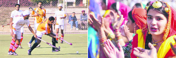 Players of Namdhari XI, Bhaini Sahib, and Border Security Force, Jalandhar, in action; and (right) girls perform giddha on the opening day of the 6th All-India Guru Gobind Singh Hockey Tournament in Ludhiana.