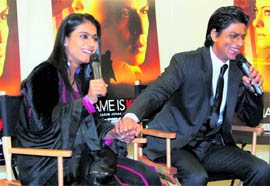 Bollywood actors Shahrukh Khan and Kajol at a press conference in Manhattan on Monday to promote their latest movie 'My name is Khan'