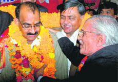 BJP leaders congratulate newly elected Punjab party president Ashwani Sharma in Chandigarh on Thursday.