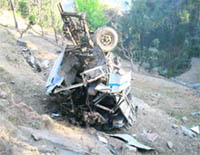 Mangled remains of the ill-fated bus which met with an accident near Sidyani village on Friday.